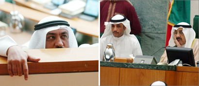 مرزوق الغانم على منصة الرئاسة قرب الخرافي ... وعينا البراك تراقبان  (تصوير موسى عياش)