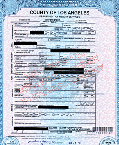 شهادة وفاة مايكل جاكسون