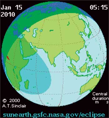 محاكاة كمبيوترية لدائرة ظل المكسوف لحظة دخولها الكويت من جهة الغرب