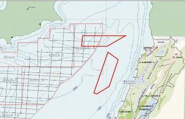 بالأحمر: المنطقتان اللتان أثبت المسح وجود الغاز فيهما