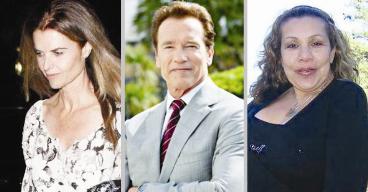 آرنولد شوارزنيغر بين عشيقته بايينا (يمين) وزوجته السابقة شريفر (يسار)