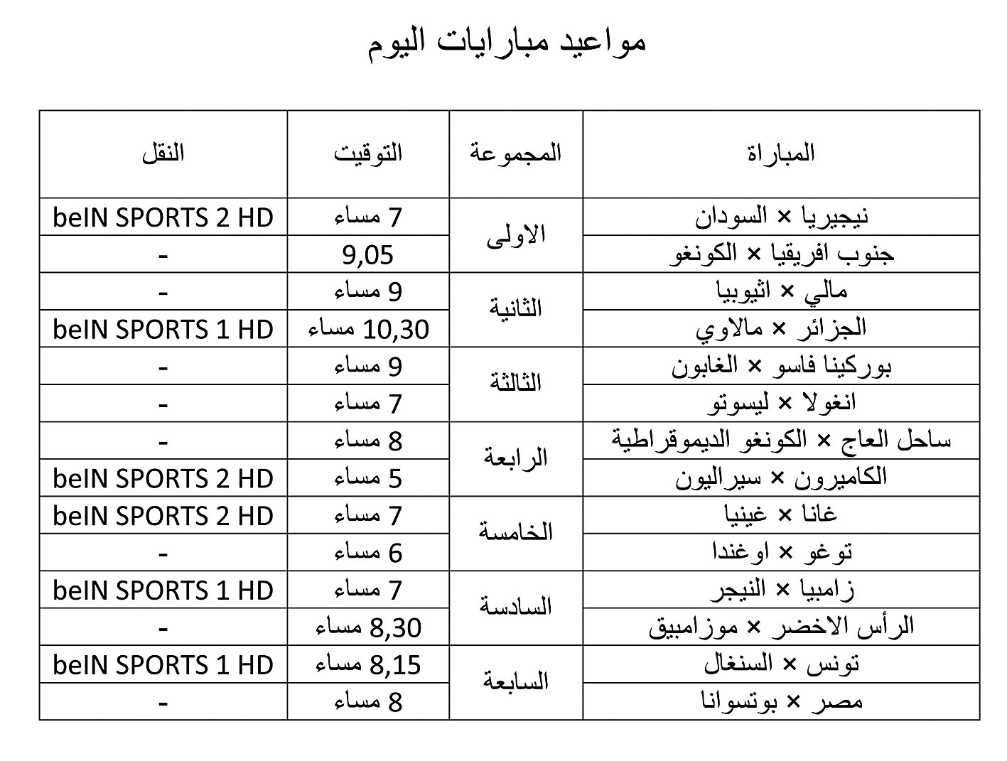 مواعيد مباريات اليوم