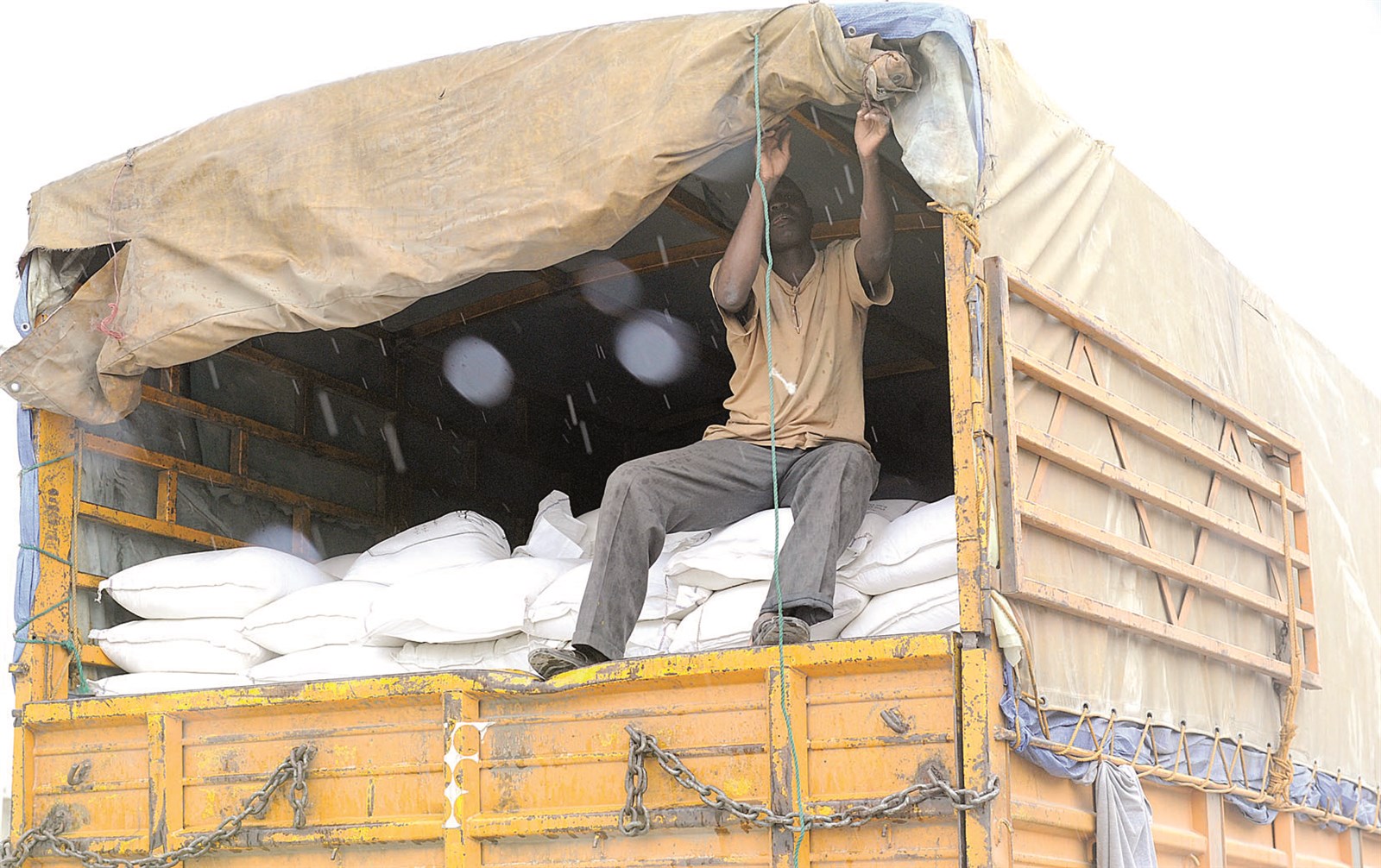 تغطية أكياس الطحين حتى لا تتلف (تصوير نايف العقلة)