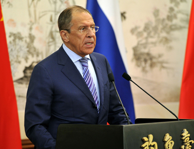 Russian Foreign Minister Sergey Lavrov speaks during a press conference with Chinese Foreign Minister Wang Yi (not in picture) after their meeting at Diaoyutai Guesthouse in Beijing on April 15, 2014. Lavrov arrives in Beijing for a visit which will include talks with Chinese President Xi Jinping on the escalating crisis in Ukraine. AFP PHOTO / POOL / Kenzaburo Fukuhara