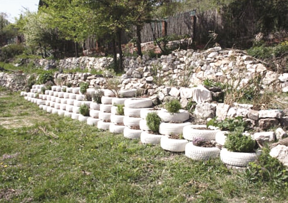 الإطارات التالفة تتحول إلى مظهر جمالي في الحدائق