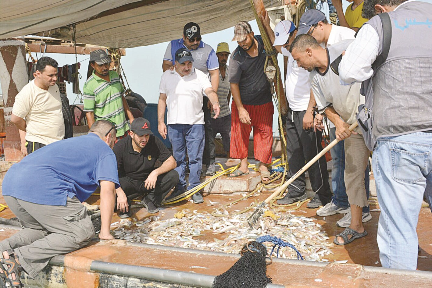 متابعة لكميات الروبيان التي تم اصطيادها على متن إحدى السفن