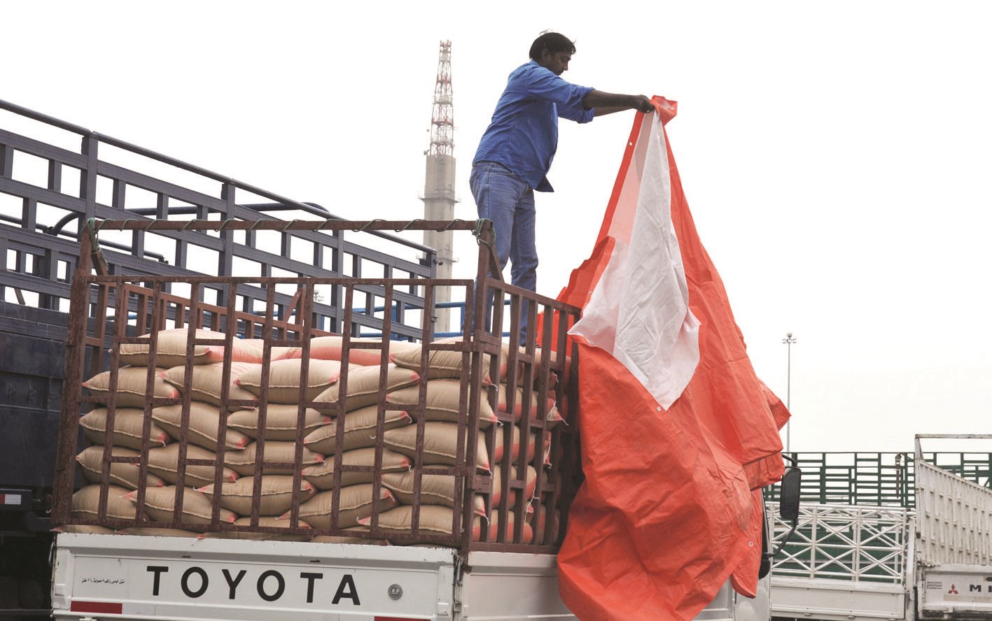 سائق يغطي حمولة شاحنته لحمايتها