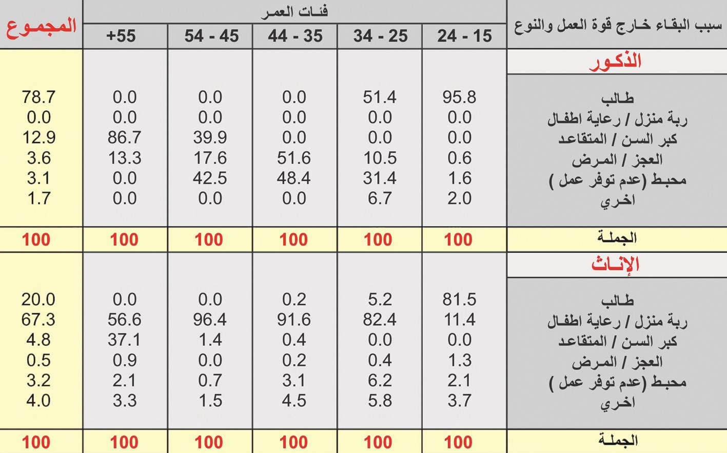 جدول يوضح أسباب بقاء الوافدين خارج قوة العمل