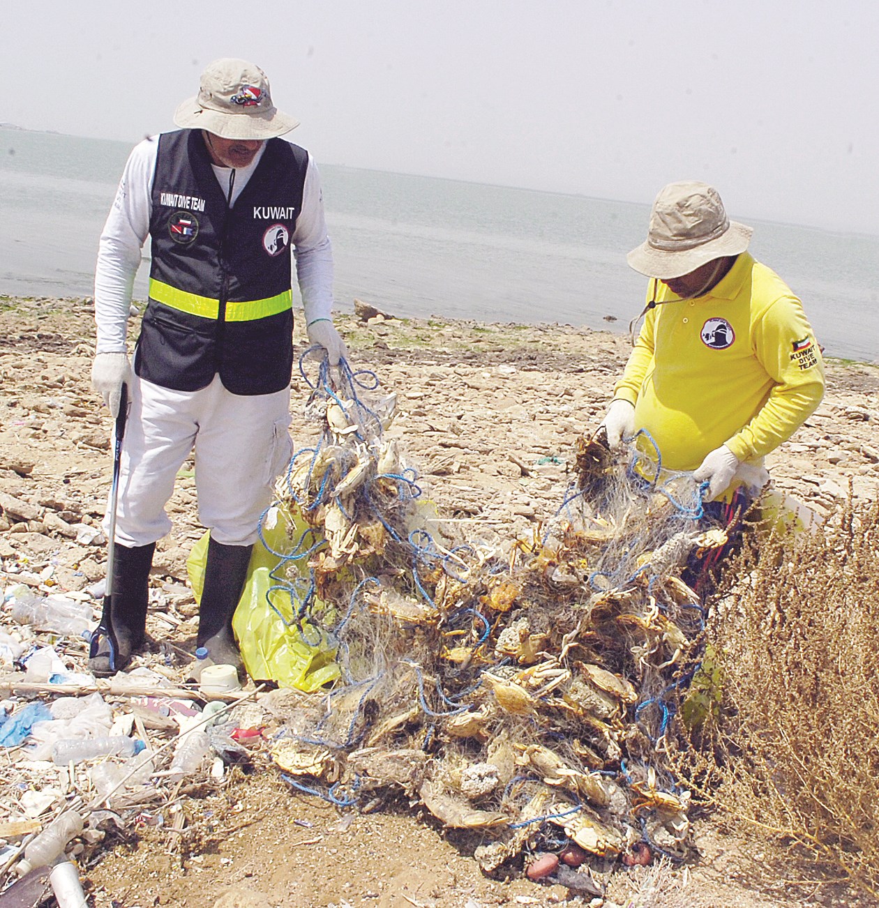 بقايا شباك بها أسماك نافقة