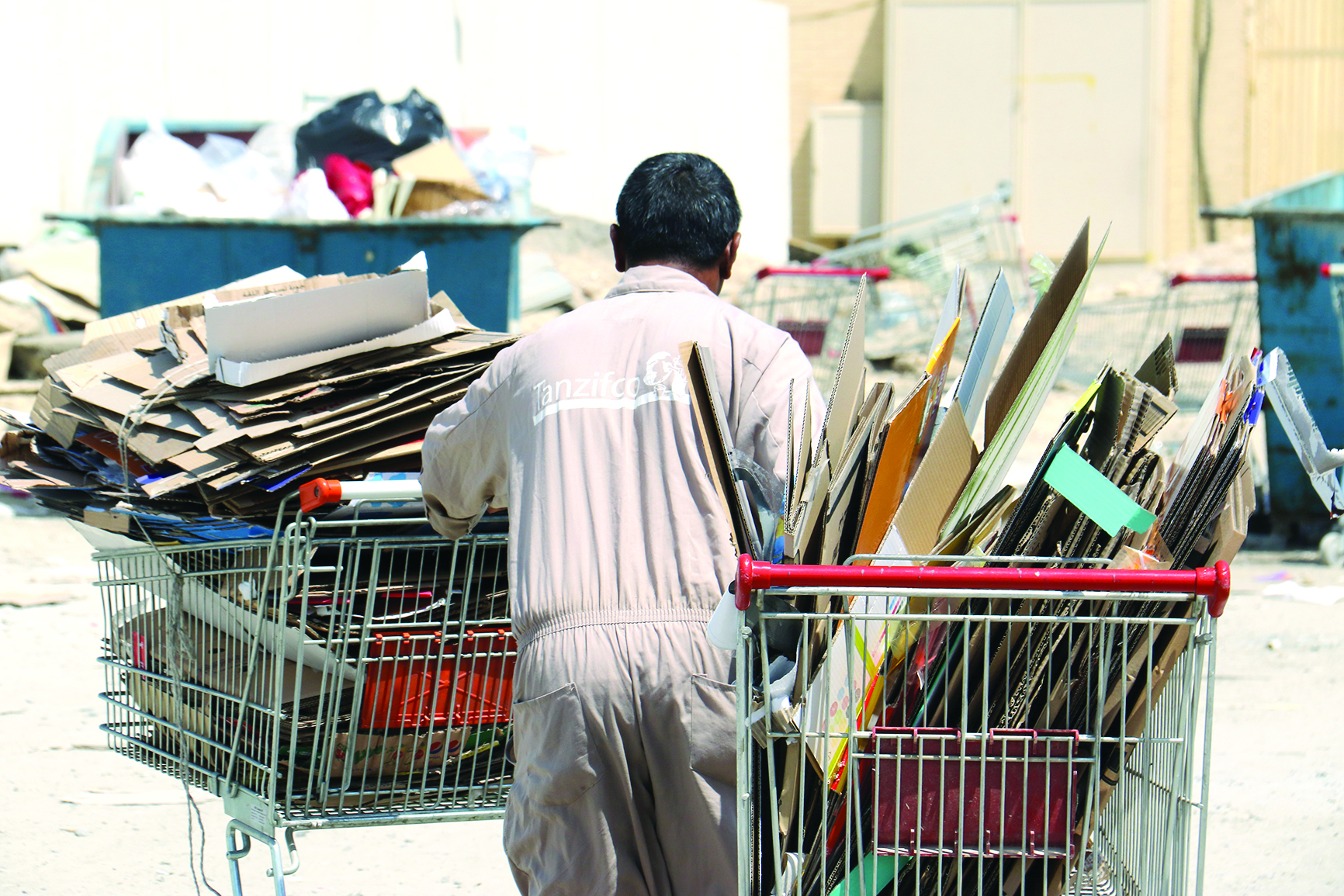أحد العمال يقوم بجمع ألواح «الكارتون» بعربة الجمعية 	(تصوير بسام زيدان)