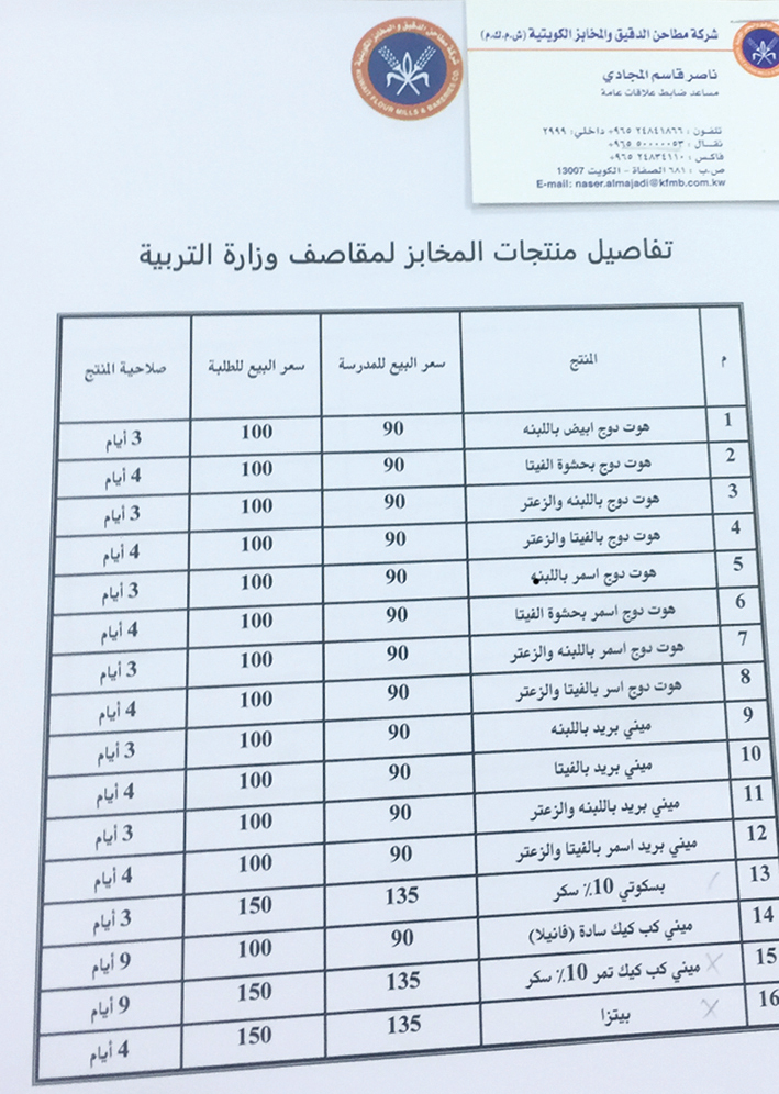 قائمة بأسعار المنتجات 