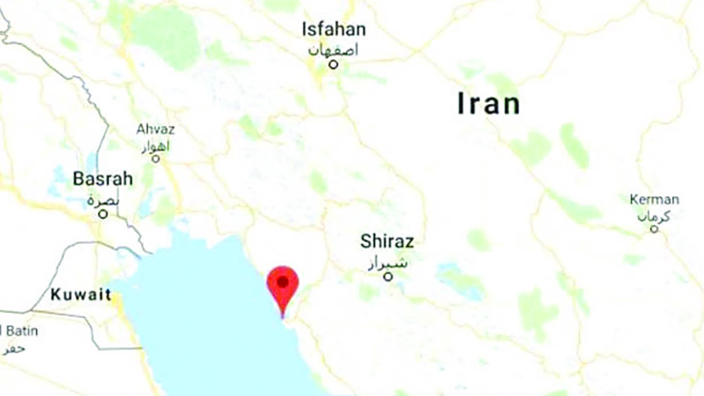 خريطة توضح موقع مفاعل بوشهر النووي بالنسبة للكويت ولمنطقة الأحواز التي وقع فيها الزلزال