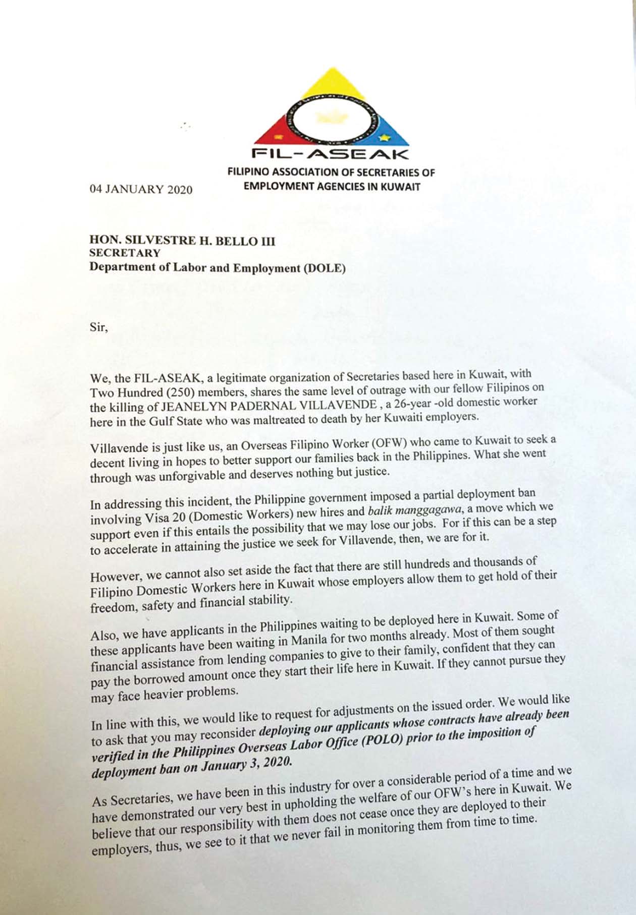 صورة من البيان الصادر عن جمعية وكلاء التوظيف الفيلبينية في الكويت 