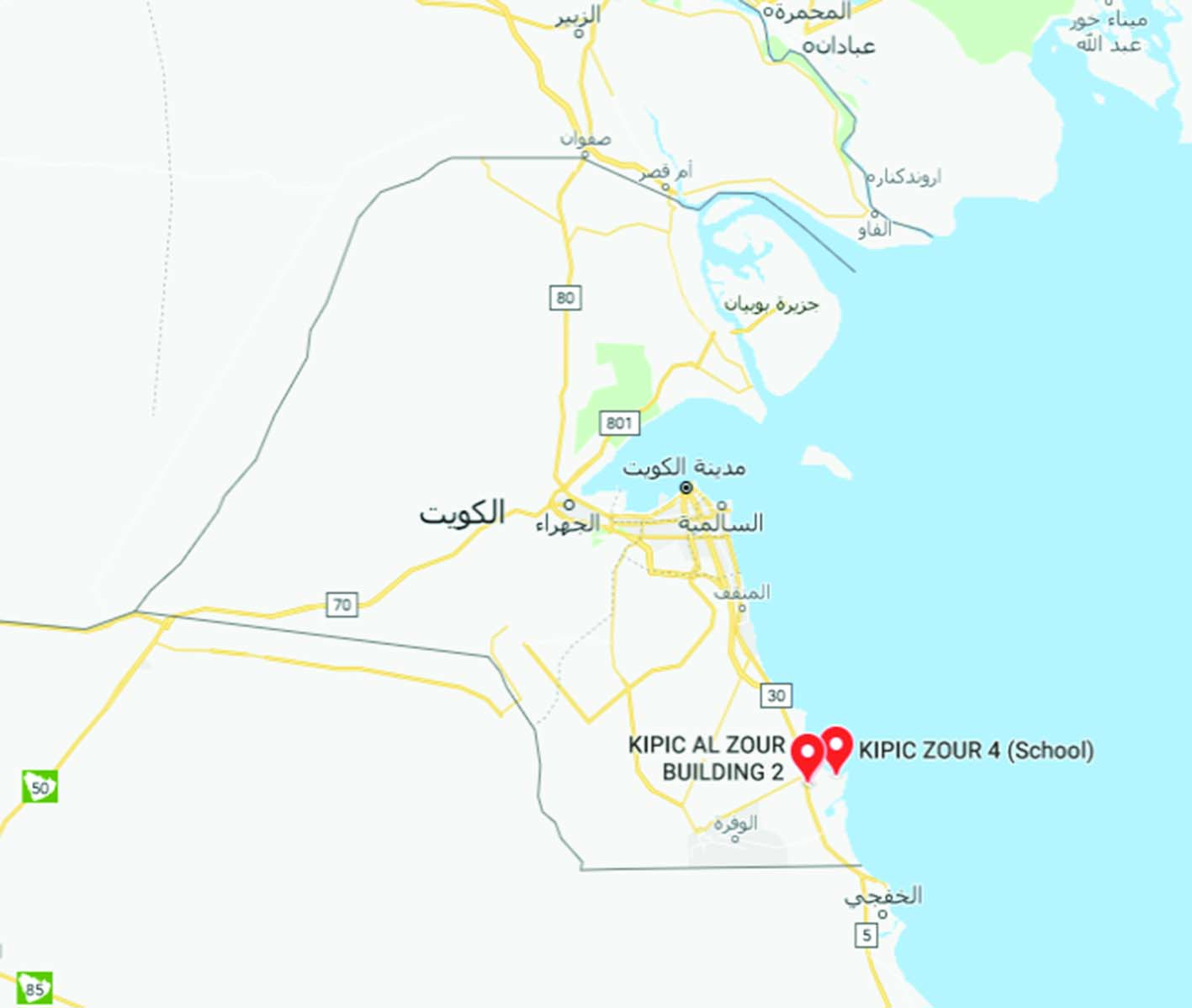 موقع المشروع على الخريطة جنوب الكويت