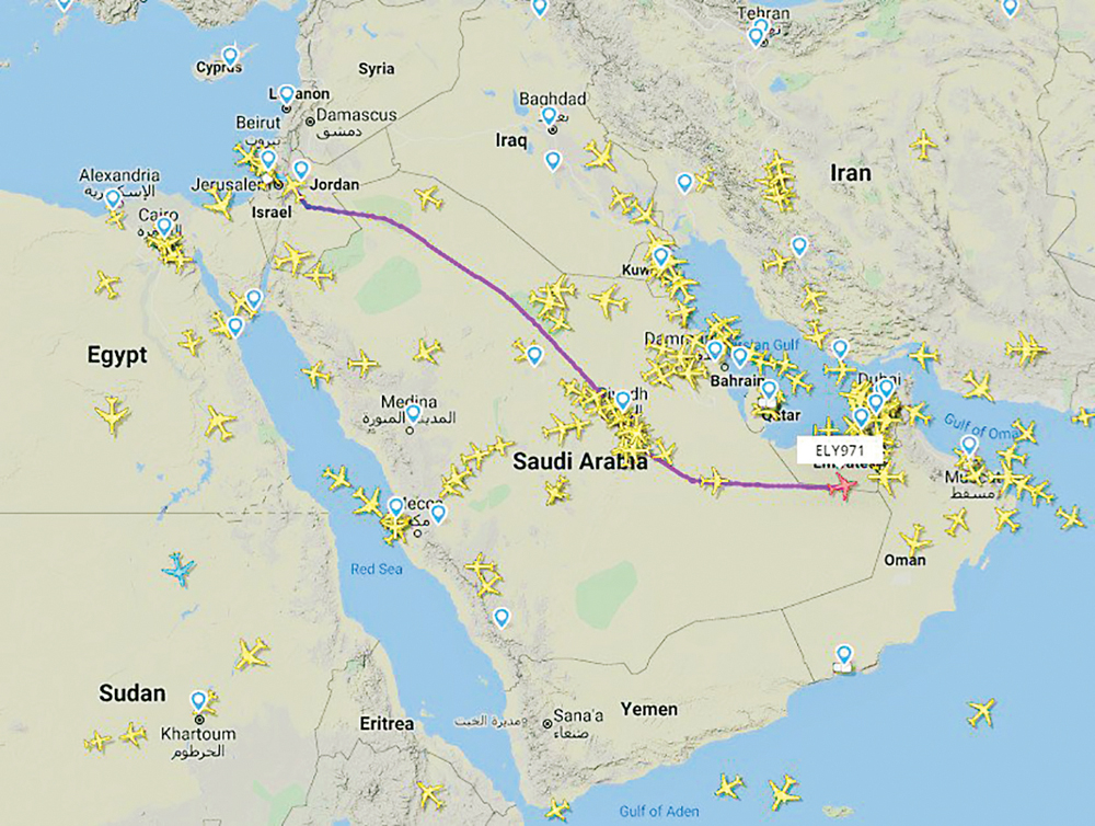 مسار الرحلة التاريخية من مطار بن غوريون إلى مطار أبو ظبي أمس