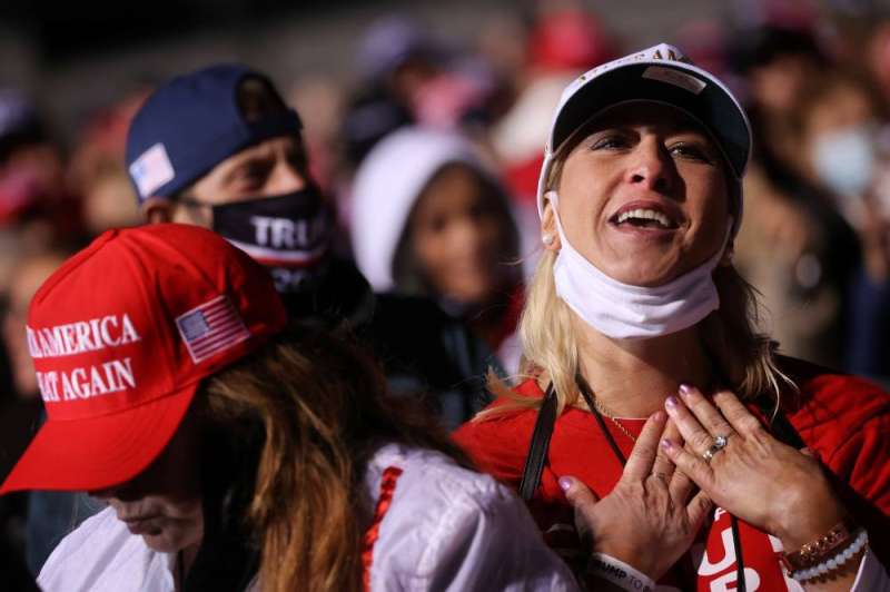 مؤيدون لترامب خلال تجمع انتخابي في بنسلفانيا ليل أول من أمس (رويترز)