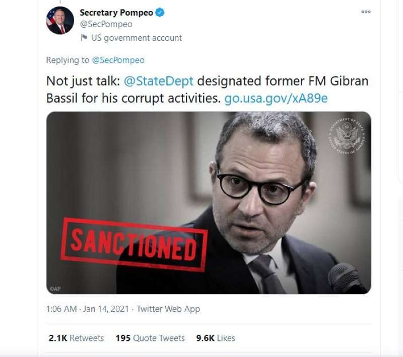 تغريدة بومبيو عن باسيل «المُعاقَب»