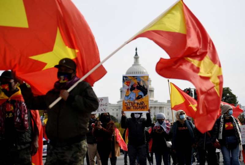 متظاهرون إثيوبيون يحيون في واشنطن الذكرى السنوية الأولى لنشر قوات حكومية في تيغراي (أ ف ب) 