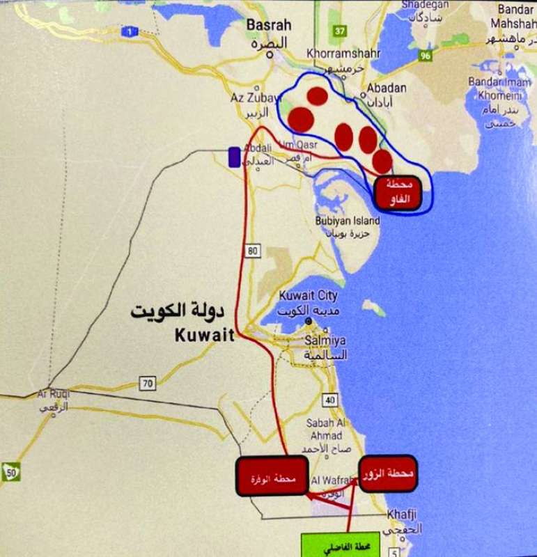 خريطة مشروع تطوير منظومة الربط الكهربائي الخليجية بشبكة العراق