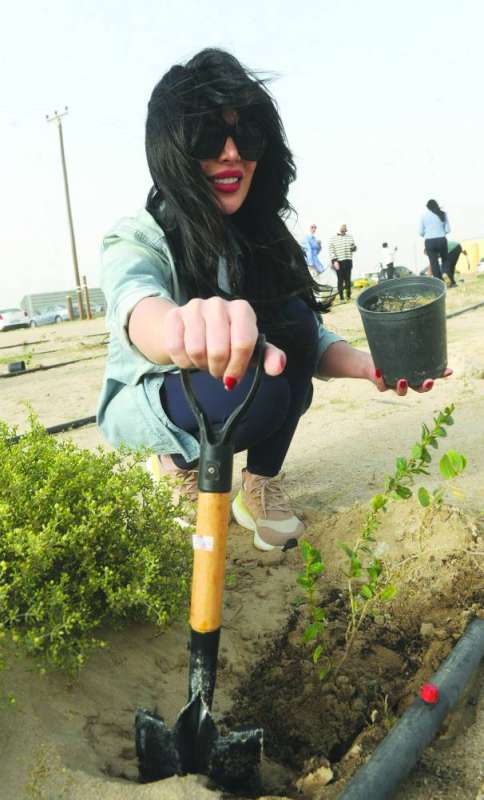 إحدى المشاركات في زراعة الشتلات بمحمية الجهراء 	(تصوير سعود سالم)