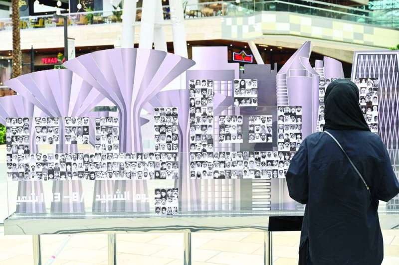 سيدة أمام صور قافلة الشهداء في معرض بمجمع الأفنيوز