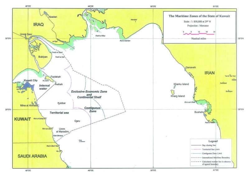 
خريطة التقسيمات البحرية بحسب دولة الكويت والمودعة لدى الأمم المتحدة
