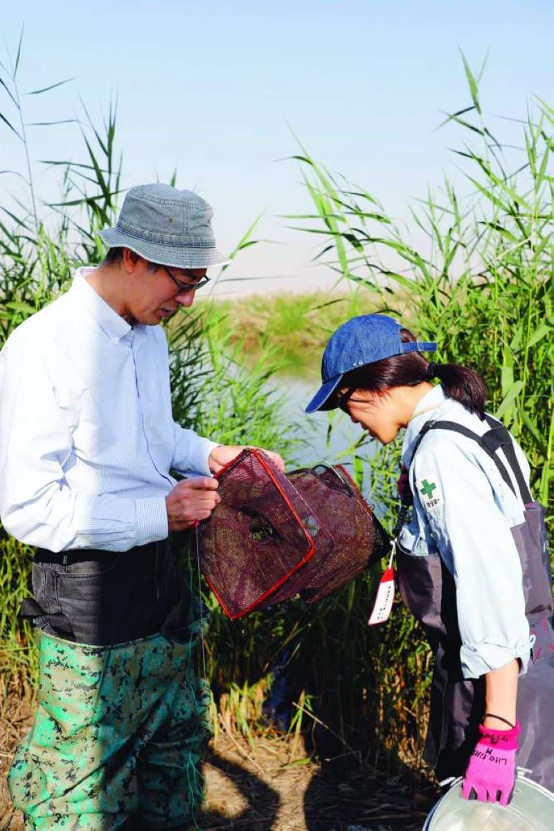 خبيران يفحصان كائنات بحرية في المحمية 
