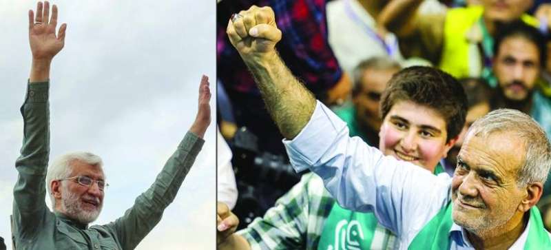 بازشكيان وجليلي خلال الحملة الانتخابية		(ا ف ب)