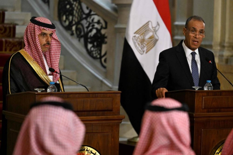 عبدالعاطي وفيصل بن فرحان خلال مؤتمر صحافي في القاهرة أمس (أ ف ب)