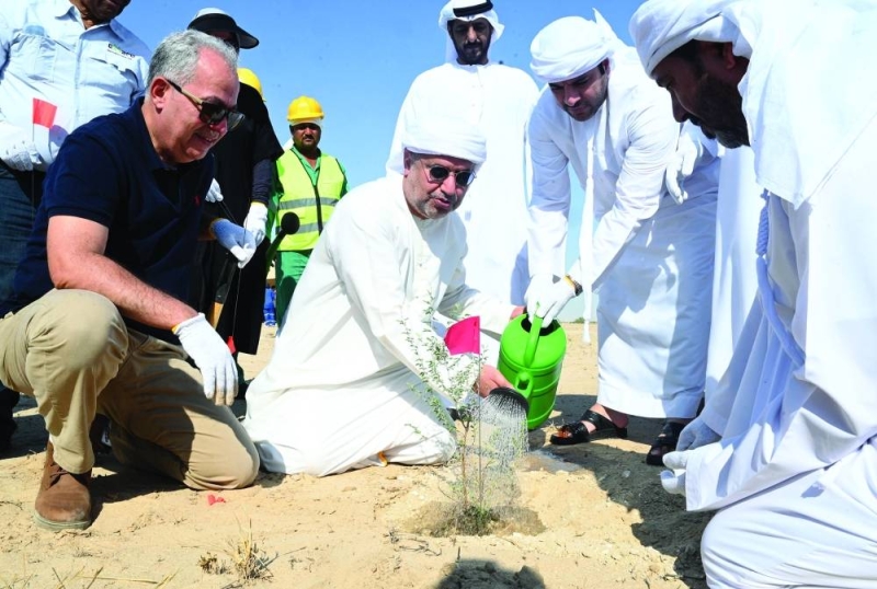 السفير الإماراتي يسقي شتلة زرعها خلال الحملة (تصوير نايف العقلة)
