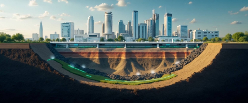 تصورا رقميا لمقطع جيولوجي تحت مدينة حديثة