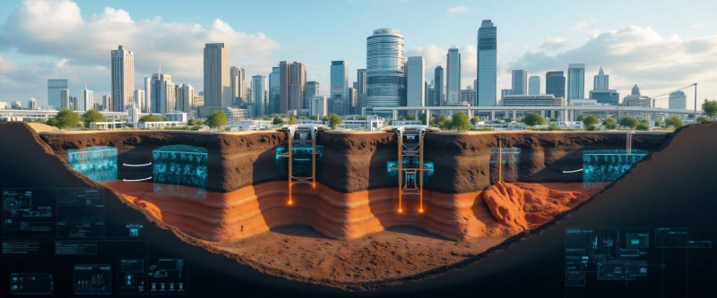 مقطع عرضي للتربة تحت الطرق والجسور حيث تبرز الطبقات المختلفة والاستقرار الهيكلي للبنية التحتية