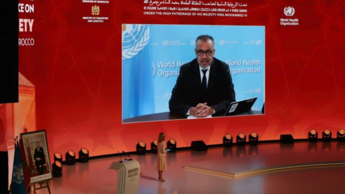 تيدروس غيبريسيوس يلقي كلمة عبر تقنية الفيديو كونفرانس خلال المؤتمر في مراكش