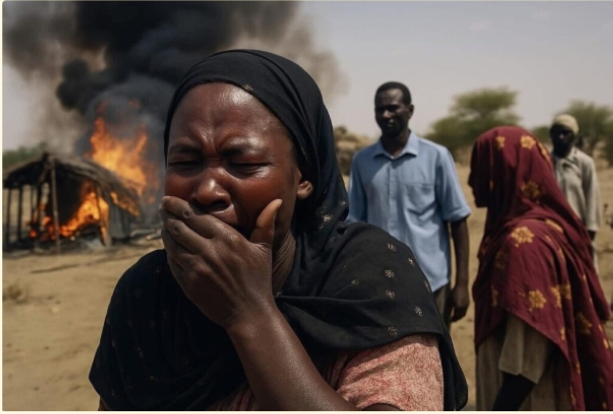 سودانية تبكي بعد قصف قوات الدعم السريع مخيم للنازحين في إقليم دارفور