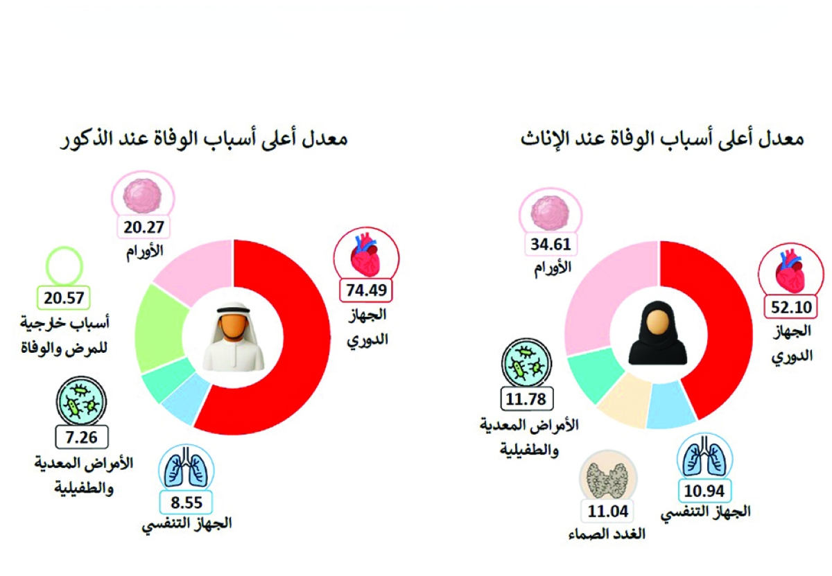 معدل أعلى خمسة أسباب رئيسية للوفاة لكل 100.000 من السكان 2024
 