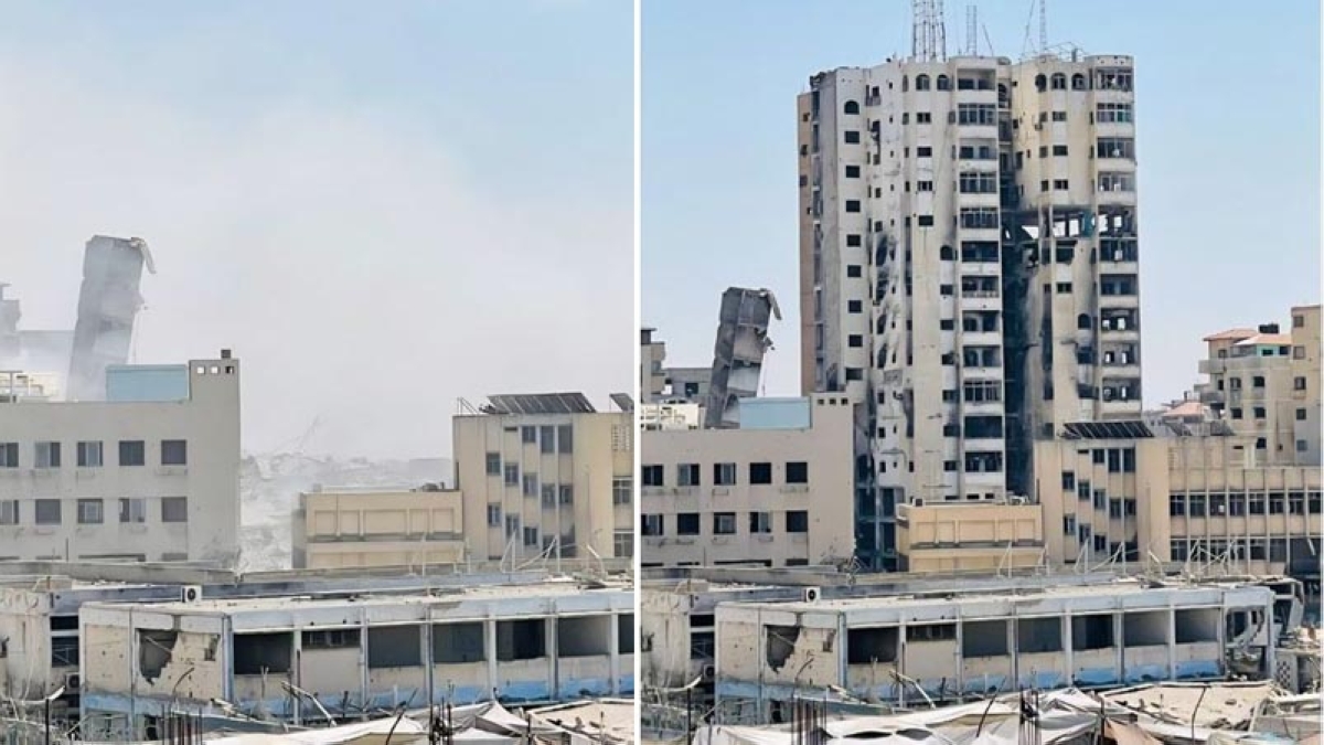 صورة للبرج قبل وبعد القصف ومساواته بالأرض