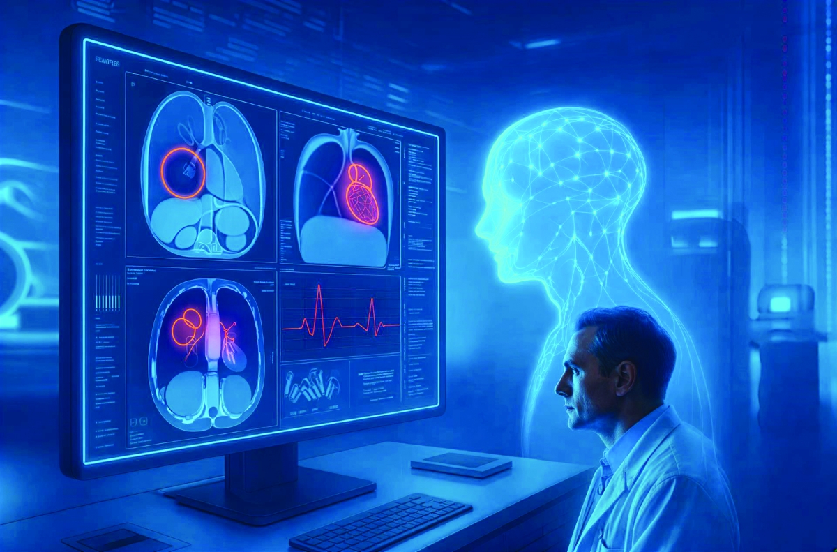 رسم فني يوضح دور الذكاء الاصطناعي في دعم الأطباء عبر تحليل الصور الطبية