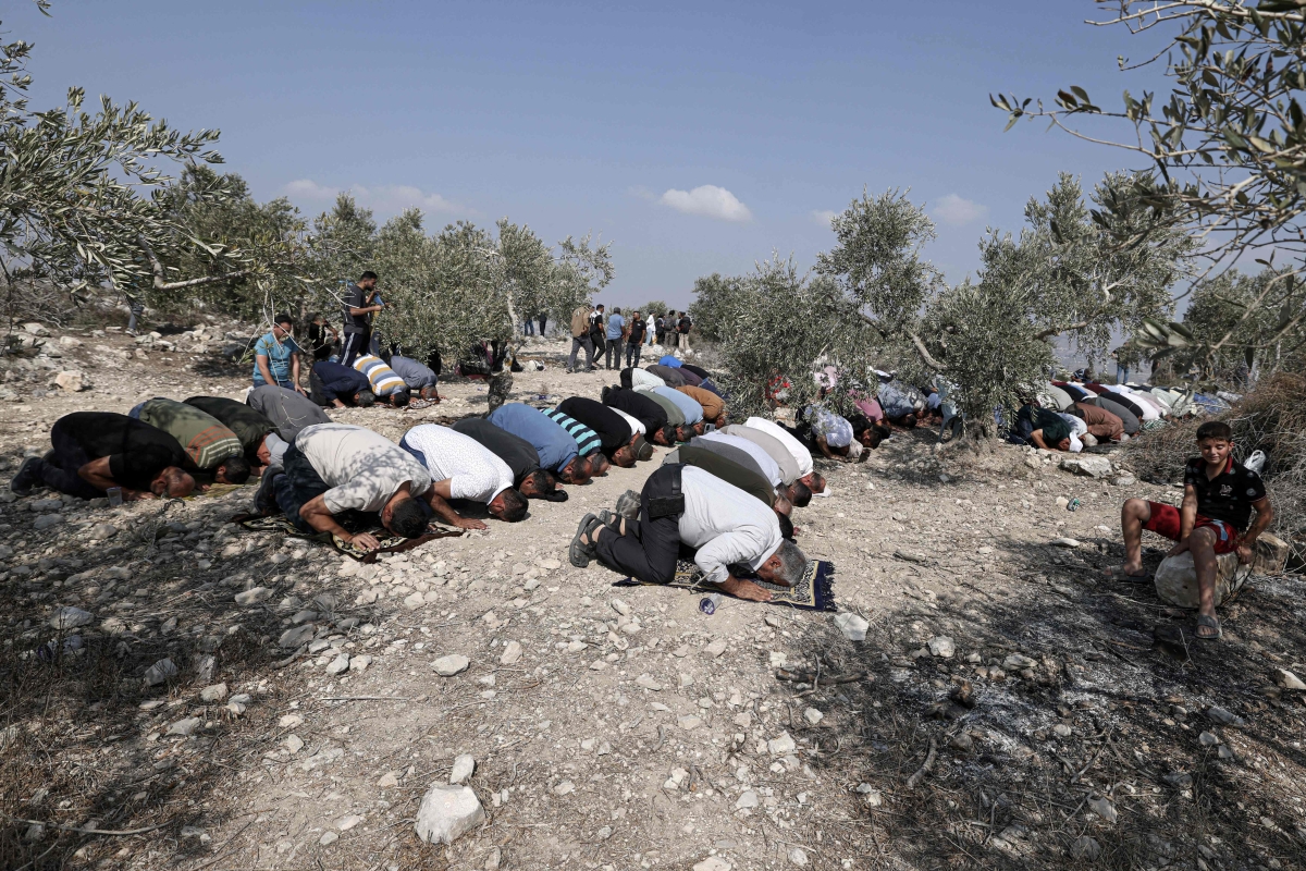 فلسطينيون يصلون الجمعة خلال احتجاج داخل بساتين الزيتون في نابلس   (أ ف ب)