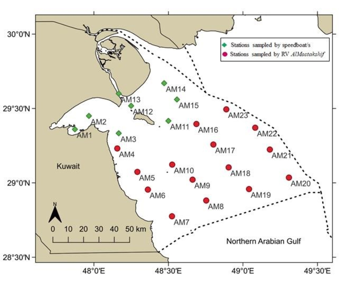 خريطة توضح مواقع أخذ العينات خلال الرحلة ALM001 مبينة بالنقاط الحمراء