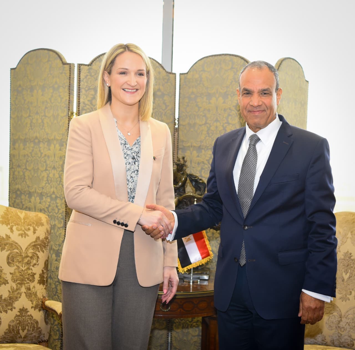 عبدالعاطي مستقبلاً نظيرته الأيرلندية في القاهرة